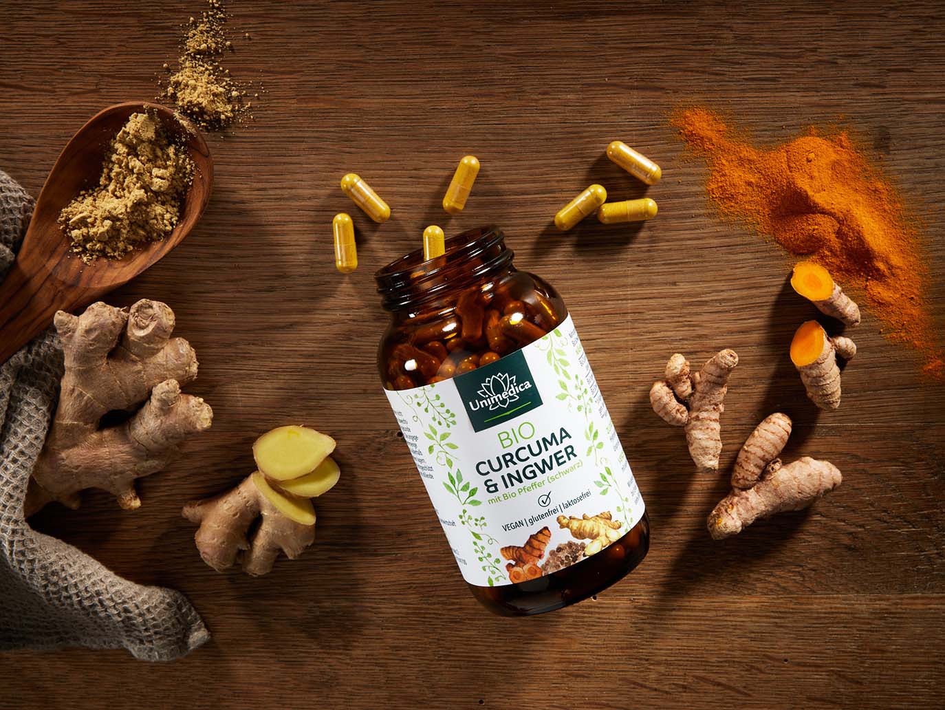 Bio Kurkuma & Ingwer mit Bio Pfeffer (schwarz) - 180 Kapseln - von Unimedica